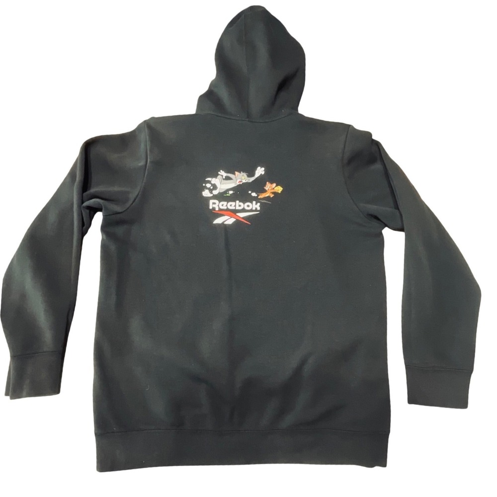 Reebok Hoodie Mens L Tom & Jerry Embroidered Black Cotton Pullover Sweatshirt